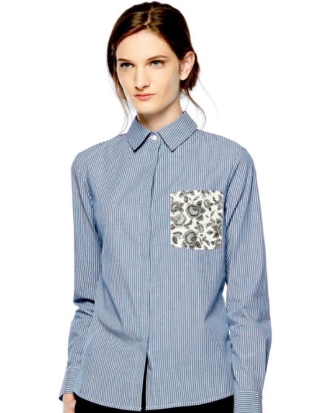 Thakoon XL Striped Blouse Floral Pocket Designer Office Business Casual Preppy